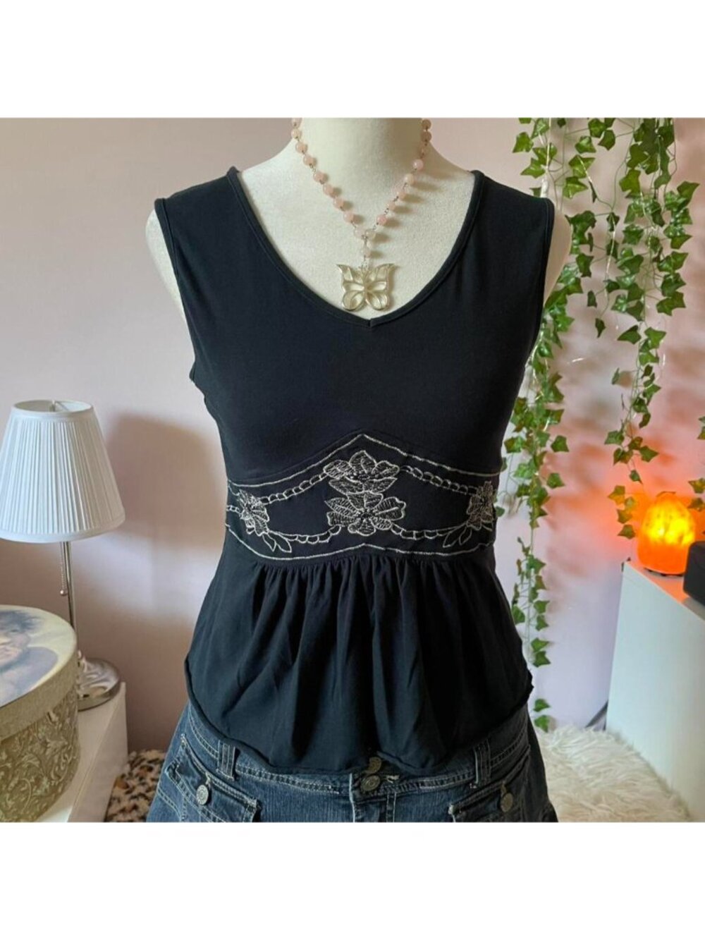 Vintage black tank top with white floral embroidery